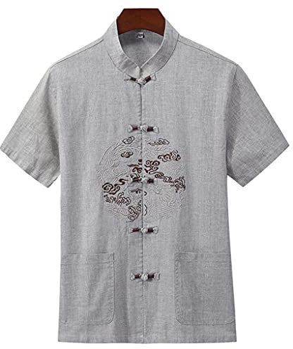 ZHOUXIAO Lose Tang Anzug Herren Hanfu Chinesische traditionelle Kleidung Kung Fu Hemd Uniform Große Größe Tai Chi Uniform Kurzarm Mantel Tops grey1-5XL