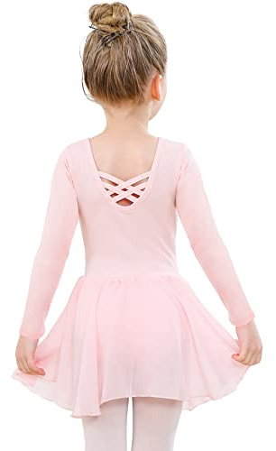 PLIKSUVER Ballettkleidung Mädchen Baumwolle Ballettkleid Balletttrikot Langarm Tanzkleid Tanzbody mit Chiffon Rock Tütü Rosa, 140