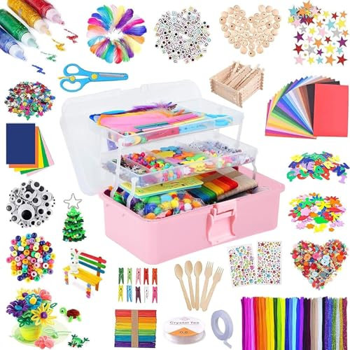 Drookaen 3000+Stück Bastelset für Kinder Bastelmaterial in Bastelkoffer Kunst und DIY Handwerk, Bastelzubehör Scrapbooking Bastelset Geschenk