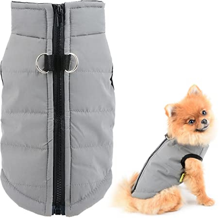 SMALLLEE_LUCKY_STORE Pet Waterproof Winter Jacket Vest with D-ring for Small Dog Cat Zip-up Padded Puppy Coat Chihuahua Yorkie Kitten Warm Clothes,Grey,M | Water-Resistant Shell, Lightweight Padding, Cold Weather Walks, Chihuahua, Yorkie, Zip-Up Harness Jacekt with D-Ring