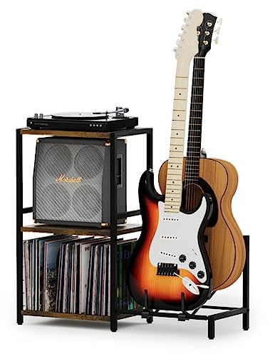 YAKANJ End Table with Guitar Stand,Record Player Stand,Vinyl Records Storage,2-Tier Guitar Stand for Acoustic,Turntable Stand for Music Studio-Brown