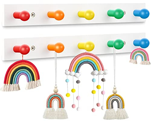 Yousoontic 2 Pcs Kids Coat Rack Wall Mount Rainbow Kids Wall Hooks Wooden Coat Hooks Cute Coat Rack Wall Mounted for Kid's Towels Backpacks Bedroom Bathroom Playroom Classroom