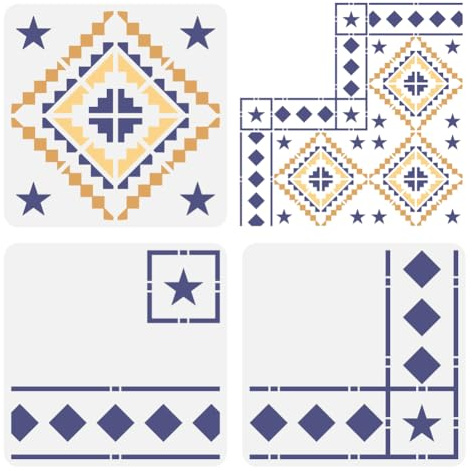 FINGERINSPIRE 3 Stück Bodenfliesen Schablone 30x30cm Wiederverwendbar Stern Mosaikfliesen Malvorlage Bordüren Und Ecken Schablone Beton DIY Schablonen Für Die Terrasse Bodenfliese Mauer Heimtextilien