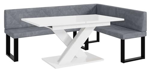 MEBLINI Eckbank für Esszimmer mit ausziehbarem Tisch - Küchenbank - Essecke - Sitzecke Küche - ERIC - U-Beine 142x196x87cm Rechts - Grau Samt/B Weiß Hochgl.