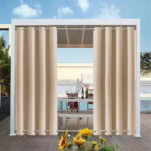 TECDOTO wasserdichte Outdoor Vorhänge für die Terrasse, Wetterfester Verdunkelungsvorhang mit Ösen Oben und Unten, Wärmeisolierte Sichtschutzvorhänge, 1 Paneel, Dunkelbeige, B244cm xH213cm