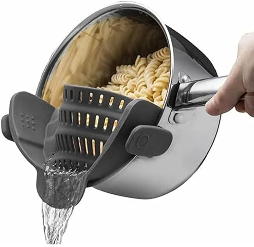 Clip On Strainer for Pots Pans, Silicone Clip-On Colander Pasta Strainer Heat Resistant Food Strainer Kitchen Gadgets for Meat Vegetables Fruit Noodles, Essential Home Cooking Tools - Gray