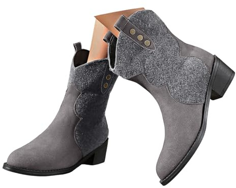 Xbemkste Bottines pour femme avec talon - Bottes de cowboy élégantes à tige courte - Bottes western à enfiler - Bottes de cheville vintage - Bottes mi-hautes pour femme, gris, 37 EU