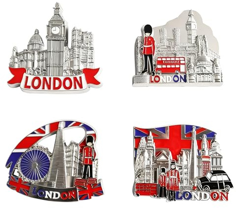4PCS London Fridge Magnets Set – 3D Metal British Souvenirs, Double-Decker Bus, Tower Bridge, Union Jack, London Icons Decorative Kitchen Magnets, England Souvenirs Gifts for Friends & Family – Silver