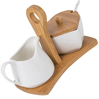 JECOMPRIS Sucrier Et Pichet Porcelaine Blanche Avec Cuillère Et Plateau Bois Pot De Rangement Cuisine Élégant Et Résistant Au Four Micro-ondes