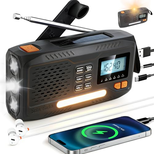 Emergency Crank Radio with NOAA Weather -Alert 7400 mWh Solar Hand Crank Portable AM/FM Radio, Rechargeable Battery USB Charger Flashlight LCD Screen Headphone Jack for Outdoor Hurricane Survival