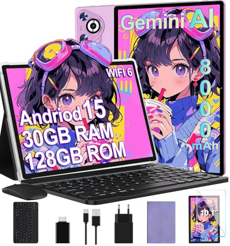 Tablet Android 15, 30GB RAM 128GB ROM(TF 2TB Espandibile), 10 Pollici, 8000mAh, WIFI 5G/ GPS/ BT5.0/ OTG, Face ID, Widevine L1, Tablets Corpo in Metallo con Tastiera, Mouse, Custodia Protettiva -Viola