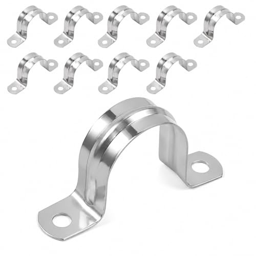GUGUGO 32mm Pipe Clamps,10Pcs Heavy Duty 2 Hole U Bracket 304 Stainless Steel Rigid Pipe Strap Clamp,Silver Anti-Rust Tube Mount Clip for Household Water Pipe & Industrial Pipeline Fixing