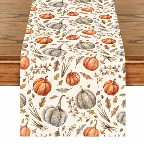 Autumn Decorations, Autumn Decor, Autumn Pumpkin & Leaves Table Decorations for Home, Table Runner for Dining Table, Fall Decor, Halloween Table Cloth Decorations 33x180 cm
