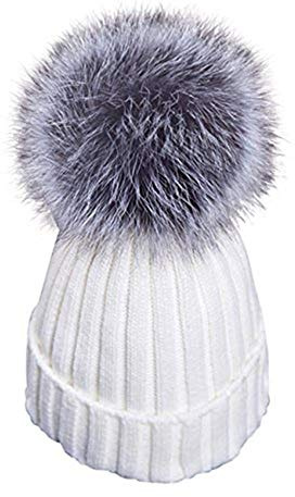 feifanshop Damen Mütze Strickmütze mit Fellbommel Fuchspelz Echtfell Fell Pelz Bommel Strick Mütze Winter-Mütze Bommelmütze (Weiß)