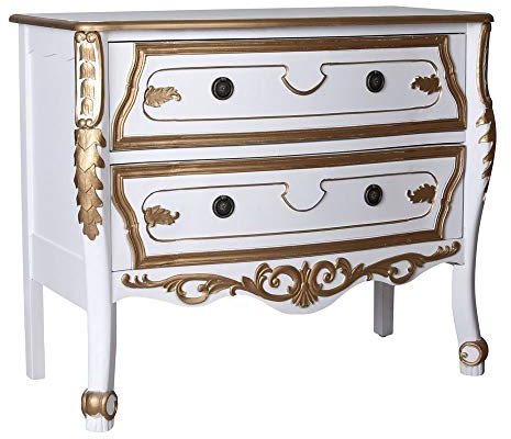 PALAZZO INT Barock-Kommode „Villa Marquise“ – Antik-Weißer Schubladenschrank im französischen Barockstil, bombierter Korpus mit Schnitzereien & Messinggriffen, 2 Schubladen, H80 × B96 × T43 cm frf095