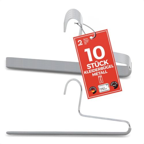 MAWA Hosenbügel, Set mit 10 platzsparenden Kleiderbügel, ideal für Jeans, Stoffhosen und Anzughosen, mit antirutschbeschichtetem Steg, 32 cm, Silber