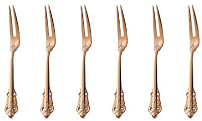 Roségold Besteck-Set Barock, Antik Look, 18/10 Edelstahl Spiegelpolierte, für Haus, Küche, Restaurant, Hochzeit, Partys, Nachmittagstee, 2 Zinken Obst Gabel Schneckengabel 6-teiliges, Länge 16.5cm