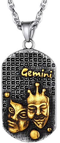 Gemeaux Bijoux en Acier Inoxydable-Pendentif Plaque Signe Astrologique Plaqué Or Bling Bling-Colliers 12 Constellations avec Chaîne Maille Singapour Réglable 55 à 60cm,Cadeau pour Hommes,Garçons