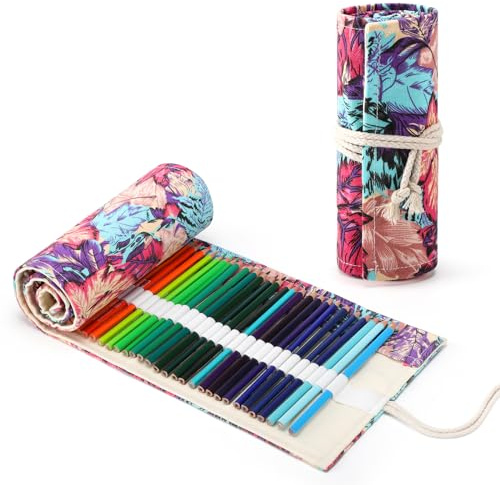 TOYESS 72 Trous Étui à Crayons en Toile pour Garçons et Filles, Trousses Scolaire en Toile à Enrouler de Crayon de Couleur pour Le Stockage, Écriture, Dessin, Feuille d'érable