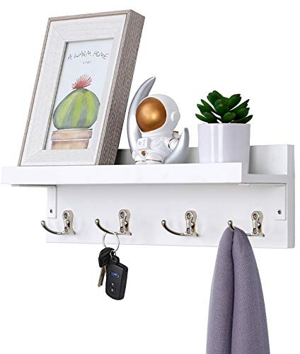 Halcent Wandgarderobe Wandregal mit 4 Garderobe Haken, Holz Kleiderhaken Schlüsselbrett Wand Briefablage Garderobenhaken für Flur Schlafzimmer Badezimmer