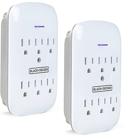 BLACK+DECKER Surge Protector Wall Mount with 6 Grounded Outlets, 2 Pack, White - Compact Power Adapter Tap with Indicator Light, Automatic Shutdown - 3-Prong Power Outlet Plug for Bathroom, Bedroom