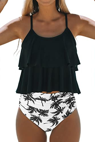 Beachsissi Traje de baño para mujer con correas ajustables Bikini con estampado de hojas dobladillo rizado lindo dos piezas conjunto de tankini, Hoja., L