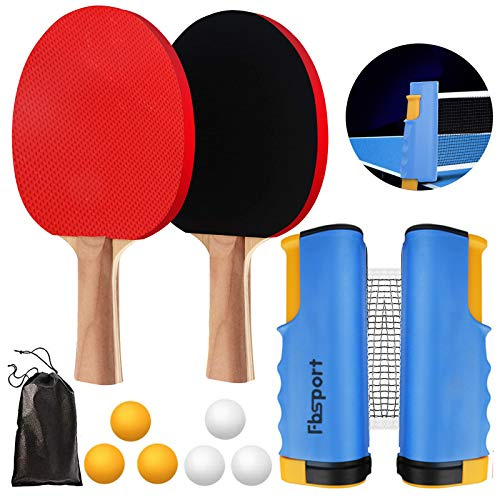 FBSPORT Professionellt bordtennisset, 2 bordtennisfladdermöss + infällbart nät + 6 bordtennisbollar + 1 bärväska, bordtennisfladdermöss set för barn vuxna familjer vuxna