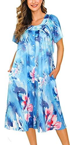YOZLY House Dress for Women Short Sleeve House Coat Mumu Duster Robe with Pockets, Blue, Large