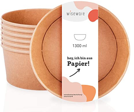 wisefood Insalatiera usa e getta, 200 pezzi, ciotola di carta rotonda, 1300 ml, senza PLA/PE, scatola per insalata biodegradabile con rivestimento biologico