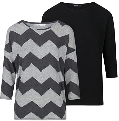 ONLY Damtopp ONLGLAMOUR 2-pack 3/4 ärmar basic skjorta rund hals lös passform långärmad tröja topp mönster tryck sommar XS S M L XL XXL svart grön grå, Svart (15289509), S