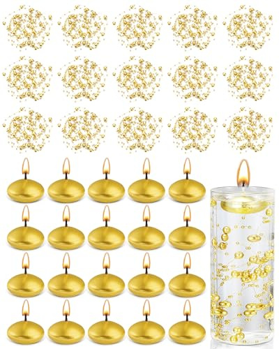 Fumete 40 Pcs Gold Floating Candle & Pearl String Set: 20 Unscented Wax Tealights (1.5) & 20 Faux Pearl Chains (4.4ft), Elegant Vase Filler for Wedding Centerpiece, Bridal Shower & Gala Dinners Decor