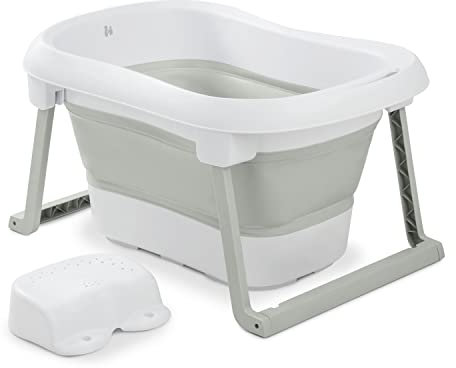 hauck Faltbare Babybadewanne mit Hocker Wash N Fold L für Babys & Kleinkinder ab Geburt bis 18 kg, Ablaufstöpsel mit Farbwechsel bei Hoher Temperatur, Weiche Materialien, 80 x 56 x 44 cm (White Sage)