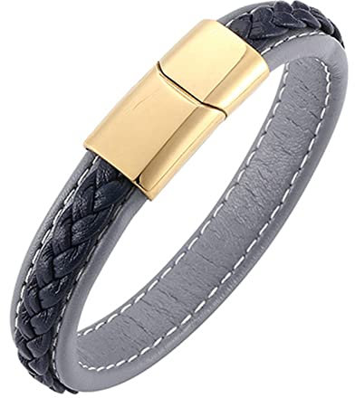 Ayoiow Männer Armband Indianer, Armband Herren Edelstahl Leder Armband Punk Graublau Armband mit Gold Schnalle
