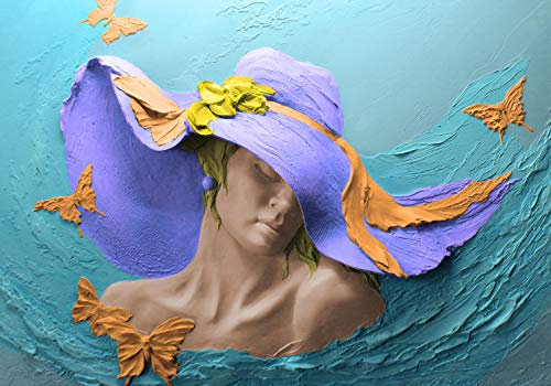 wandmotiv24 Fototapete Skulptur Frau orange Schmetterlinge, 200 x 140cm - selbstklebende Strukturtapete, Wanddeko, Wandbild, Wandtapete, Gips lila Hut Blume blau Wand M5267