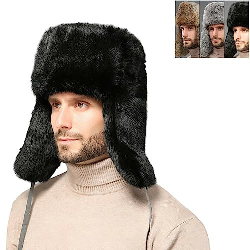 OSMARI Russische Wintermütze aus Kunstfell, Kosakenhut, Winter-Trappermütze, Ohrenklappe, Eskimo-Hut, Unisex, Pilotenmütze aus Kunstleder, Schwarz, Größe XXXL, L-3XL