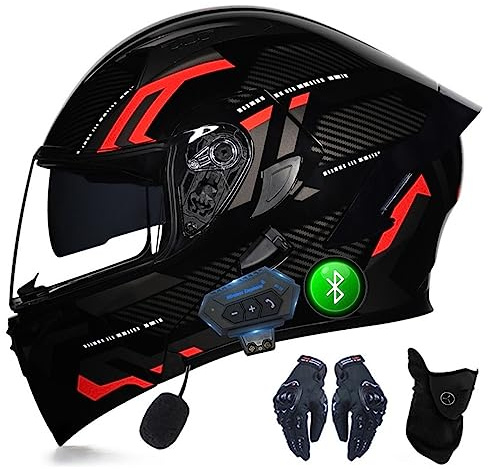 Cascos Bluetooth para Motocicletas, con Guantes Y Mascarillas, Cascos Modulares para Cascos Volteados Aprobados por ECE, Cascos Completos con Doble Visera, M A XXL