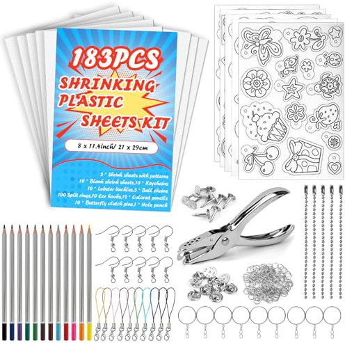 WOOWAIR Schrumpffolie 183 Stück Schrumpffolie Set Schrumpfplastik Set Inklusiv A4 Schrumpffolie mit Motiven, Locher, Ohrhaken, Schließe, Bleistifte und Schlüsselanhänger für Kinder DIY-Basteln