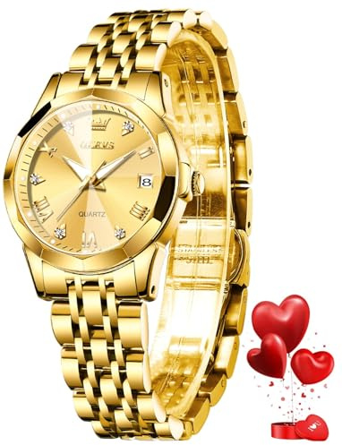OLEVS Womens Watch Fashion Dress Diamond Roman Numerals Ladies Gold Analog Quartz Stainless Steel Waterproof Luminous Date Female Watch