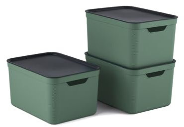 Rotho Jive Dekobox Set of 3 storage box 16l with lid, Kunststoff (PP recycelt), green/anthracite, 3x16l (36.5 x 20 x 27 cm)