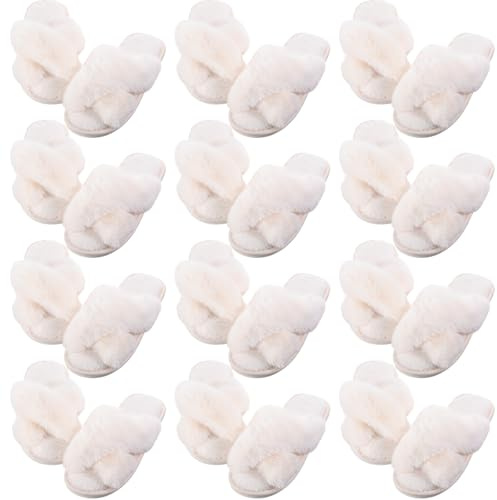 Silicherry 12 Pairs Women's Fuzzy Slippers Cross Band Open Toe Bridesmaid House Slippers Bulk for Indoor Outdoor Wedding(Size 7-8,White)