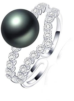FUSHENGTER Ringe Ring Damen Finger Frauen Herren Geschenk Luxuriöser Zirkon-Ring Mit Natürlicher Süßwasserperle,Modische Party,Verstellbare Perlenringe Für Frauen,Größenverstellbar,Schwarz