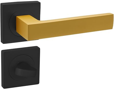 domino Türgriff Drückergarnitur WC - Badezimmer Set mit quadratischen Rosetten für Badezimmertüren Set WC aus Aluminium Schwarz/Gold Türdrückergarnitur QUBIK-QR BLACK/K-GOLD MATT