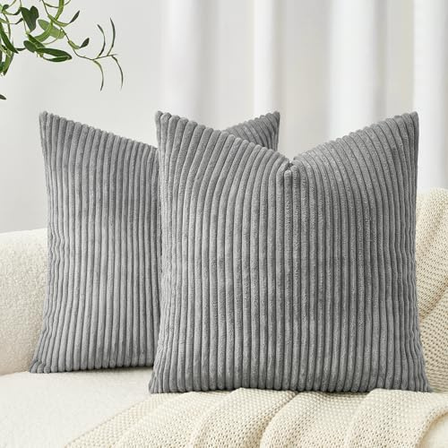 Topfinel Funda de Cojin 60x60 Decoración del Hogar Fundas de Cojínes para Sofa Cama Dormitorio Sala de Estar Jardin Habitación de Los Niños Pantalones de Pana Estilo Moderno Color Gris 2 Piezas