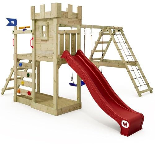 WICKEY Play Tower Knight's Castle GateFlyer with Swing & Red Slide, Outdoor Children's Climbing Tower with Sandpit, Ladder & Play Accessories for the Garden