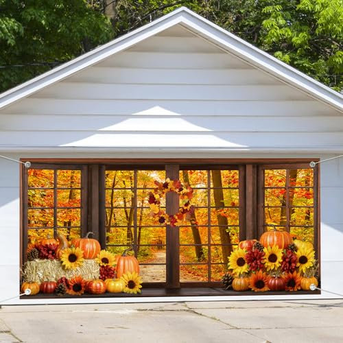 Atutumn Toile de fond pour porte de garage 4 x 1,8 m Motif forêt citrouille feuille d'érable Décoration de fête