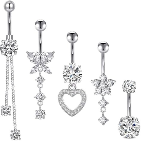 5 Stück Bauchnabelpiercing, 14G Edelstahl Piercing, Silber Lang, Dangle Schmuck, Schmetterling Blume Anhänger für Frauen