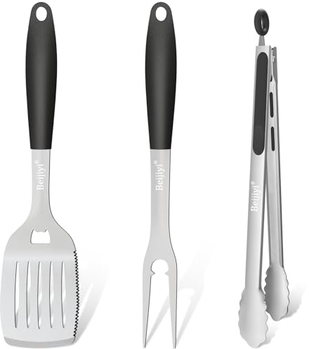 Beijiyi Stainless Steel BBQ Grill Tools Set, BBQ Grill Accessories for Outdoor Grill with Metal Spatula, Fork, and Tongs, Grilling Tools with Full Tang Silicone Handle, Barbecue Grill Cooking Utensils