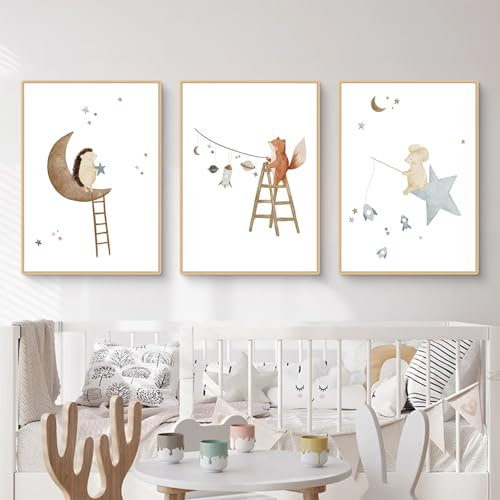 Herfair Bilder Kinderzimmer Deko Poster 3er Set Tiere Mond Stern Wandbilder Babyzimmer Boho Kinderposter Wanddeko Geschenke für Kinder, Ohne Rahmen (30×40 cm)