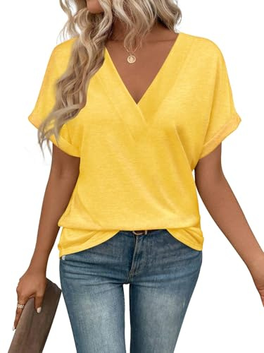 Cuptacc Camiseta Manga Corta Mujer Color Sólido Top Mujer Verano Elegantes Cuello en V Blusa Amarillo, X-Large XL 46-48