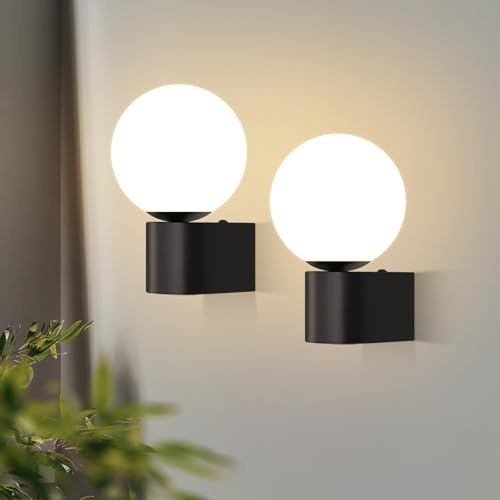 Kowanie 2er Wandleuchte Vintage Wandlampe Badezimmer: innen Wandbeleuchtung | Weiß Glaskugel Retro Schwarz Flurlampe Wand rund Wandstrahler G9 Max. 40W für Schlafzimmer Wohnzimmer (Ohne Leuchtmittel)